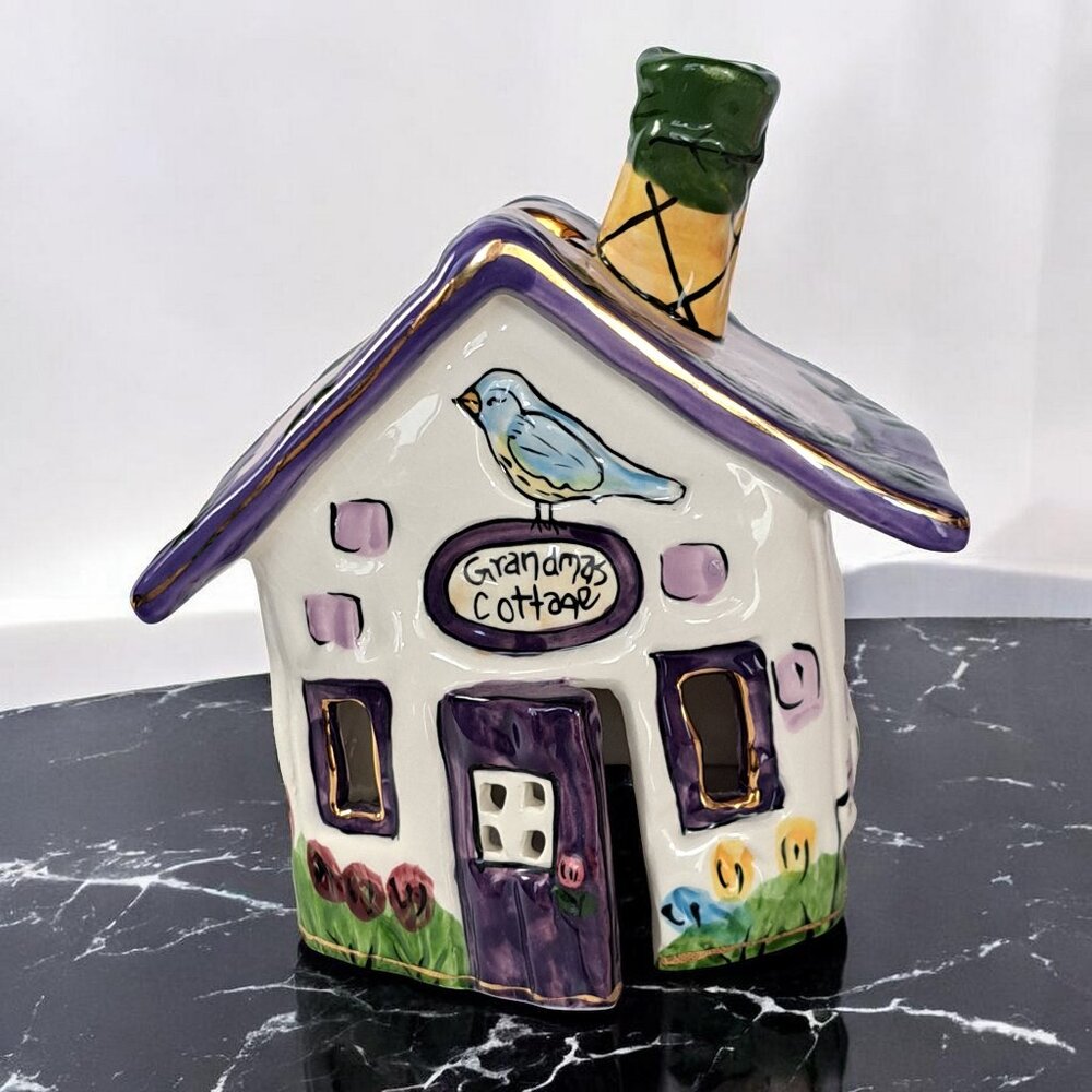 Blue Sky Hand-Painted Ceramic Cottage with Purple Roof and Green Chimney